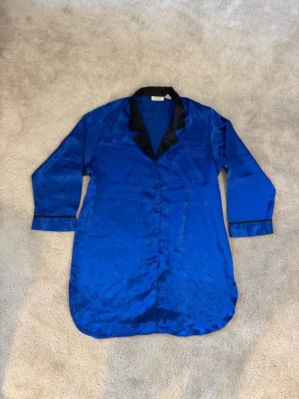 Victoria's Secret Vintage Gold Label Royal Blue Satin Nightgown w/ Black Collar